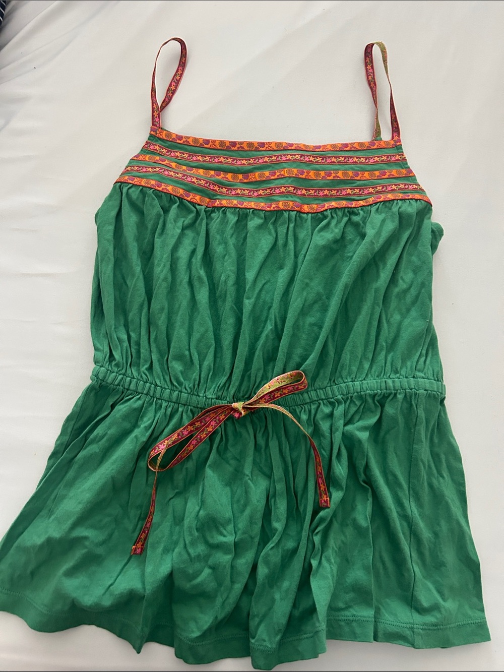 Girls' Green Spaghetti-Strap Tank Top with Embroidered Trim
